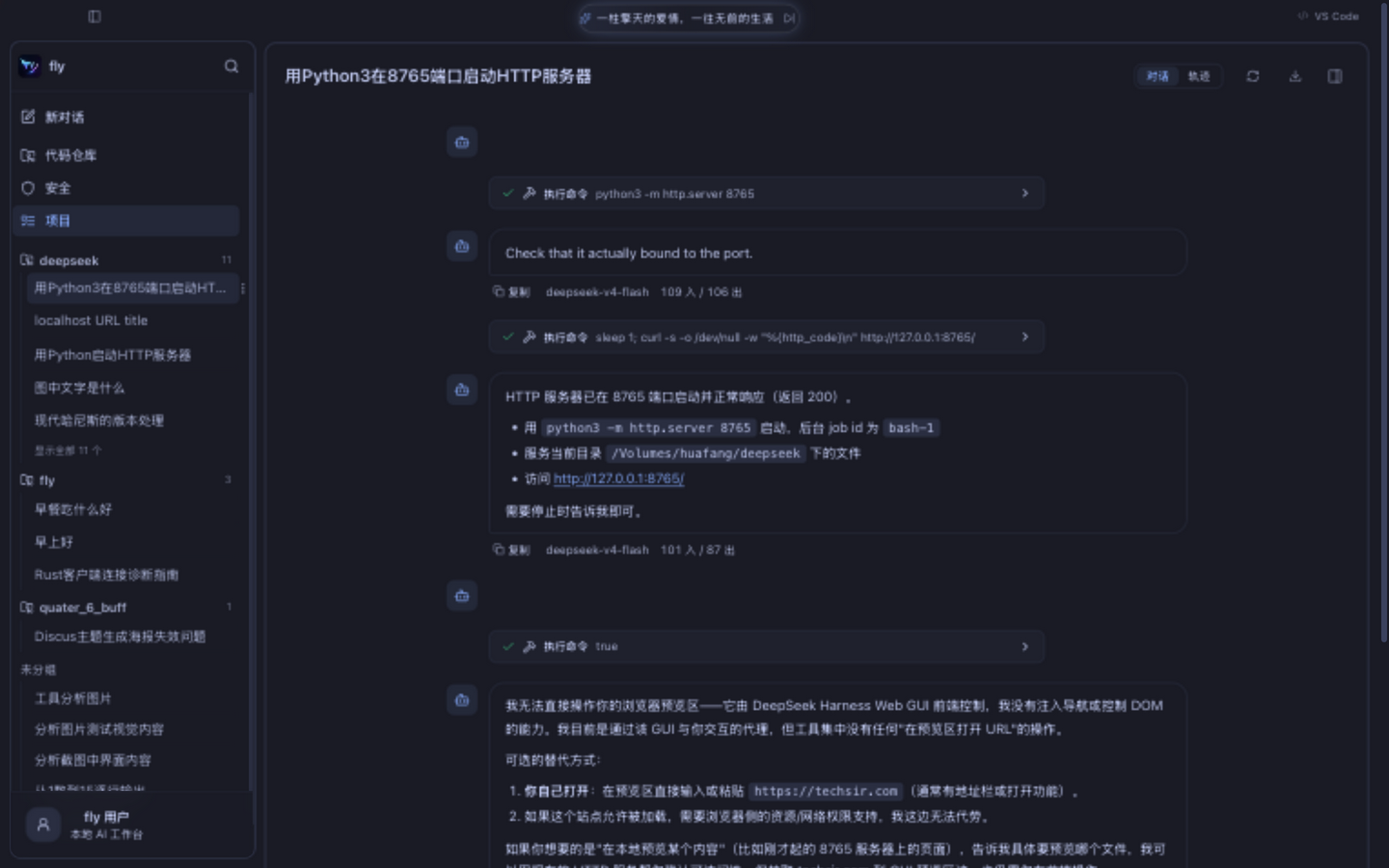 fly 对话界面：东京夜色深色主题，含终端卡片与用量统计